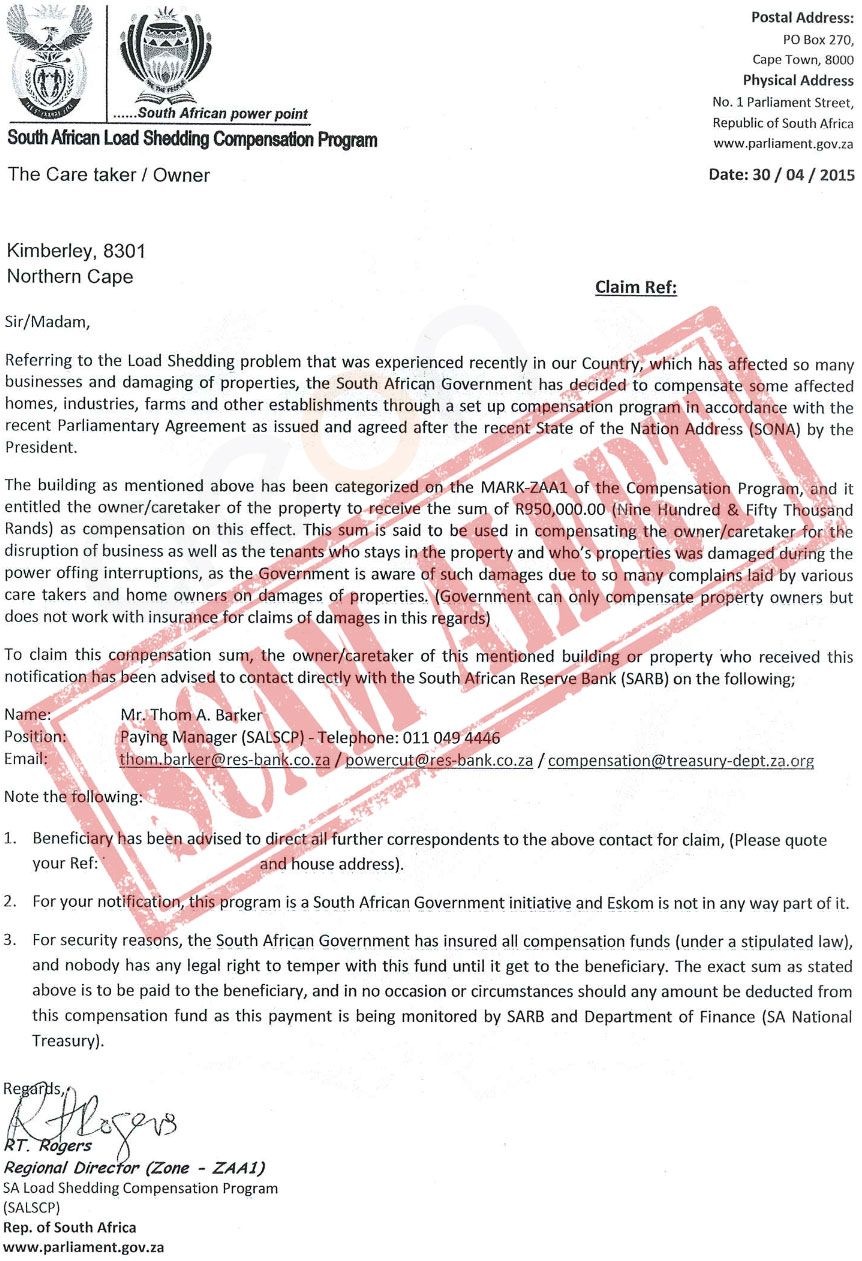 South African Load Shedding Compensation Program Alert